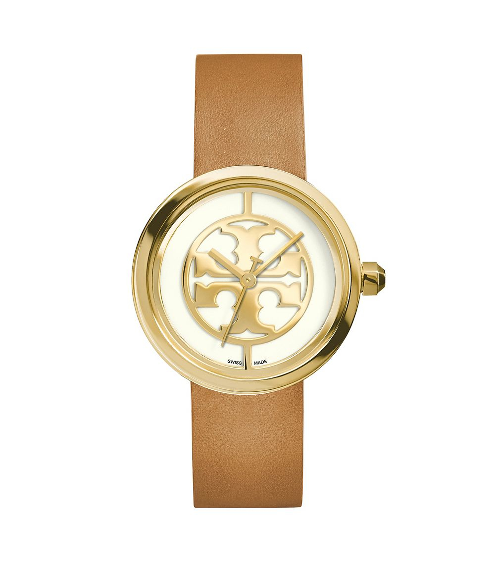 Tory burch Reva Watch, Luggage Leather/gold-tone, 36 Mm in Natural | Lyst