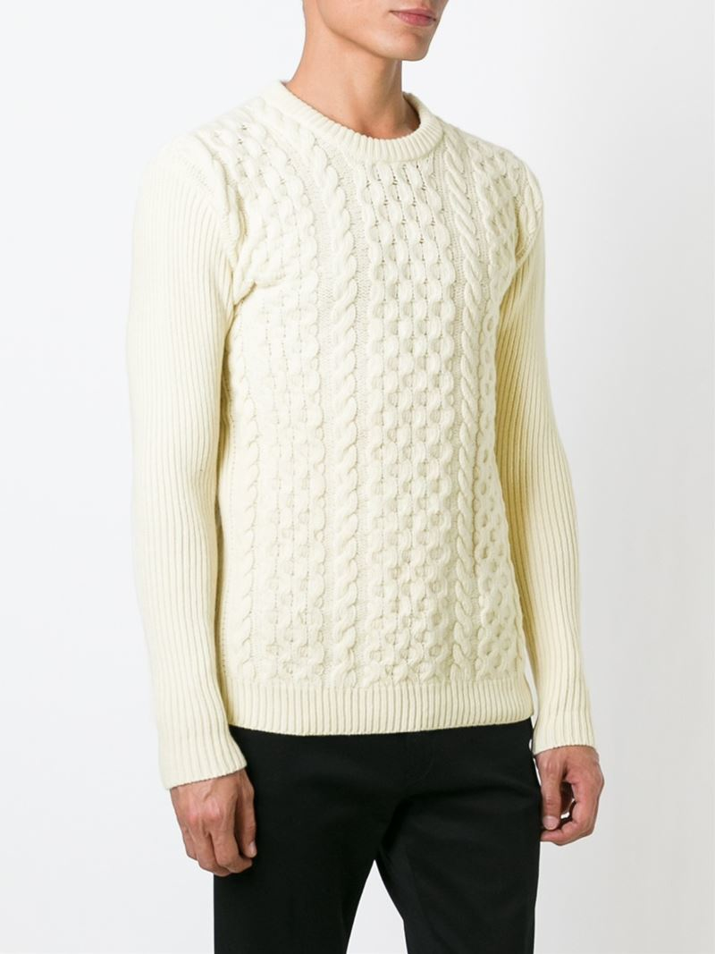 AMI Cable Knit Sweater in White for Men - Lyst