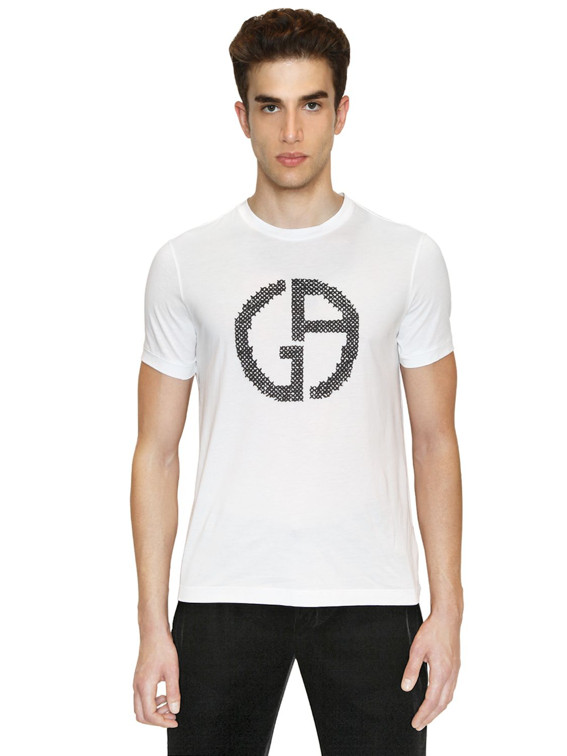 Lyst - Giorgio Armani Logo Embroidered Cotton Jersey T-Shirt in White ...