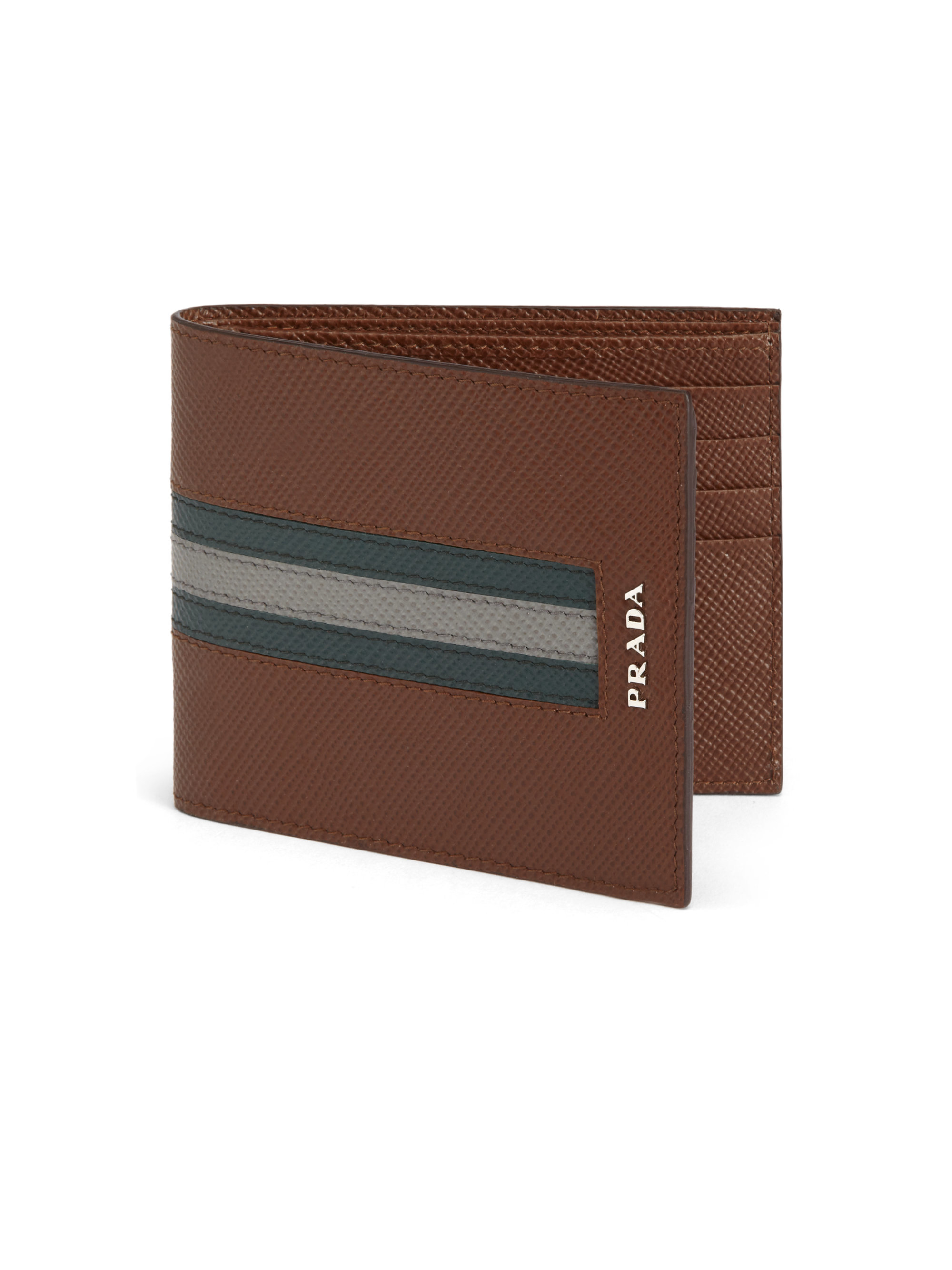 Prada Saffiano Cuir Striped Bifold Wallet in Brown for Men - Lyst