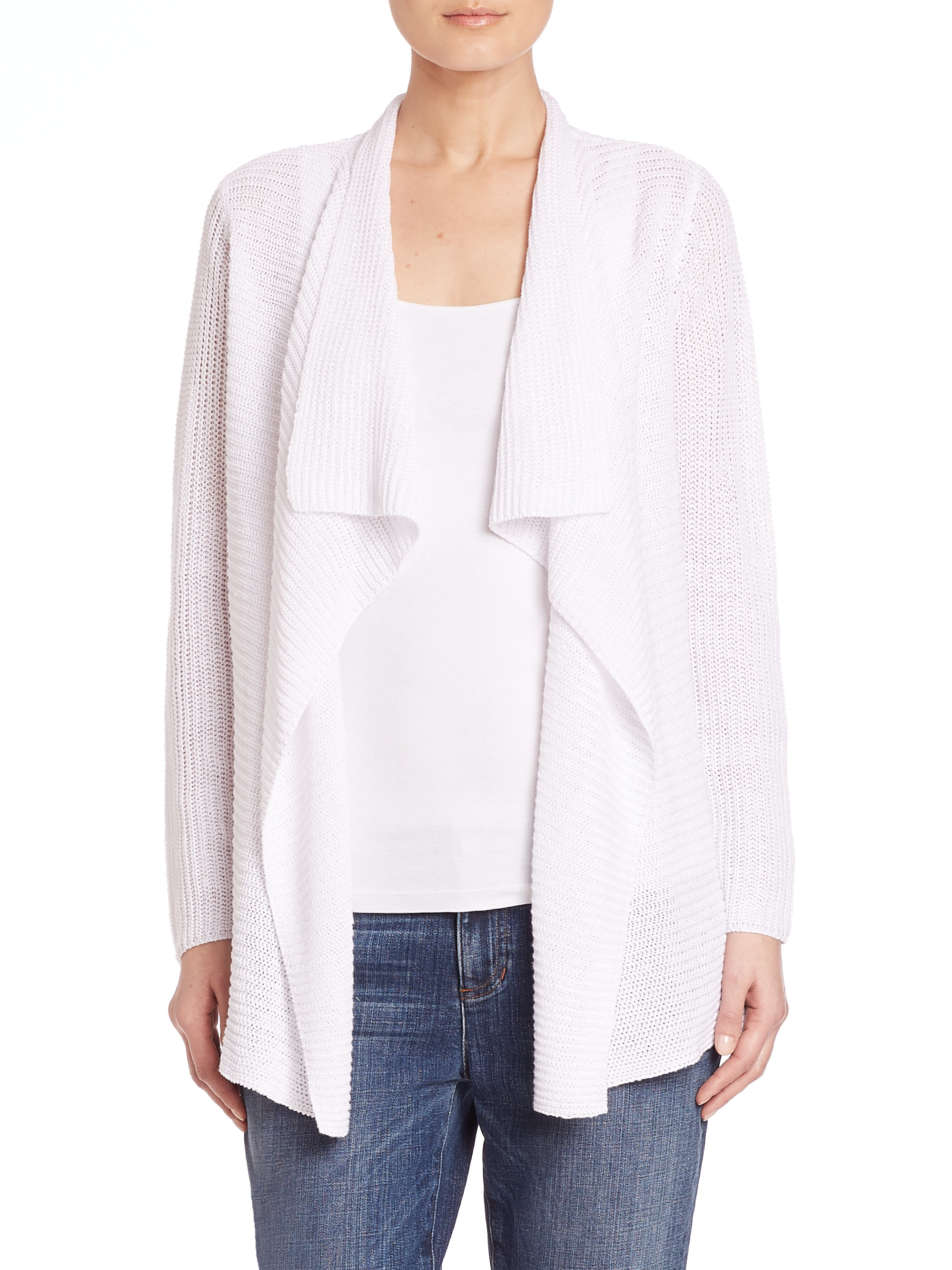 Eileen Fisher Ribbed Organic Linen Drape Front Cardigan In White