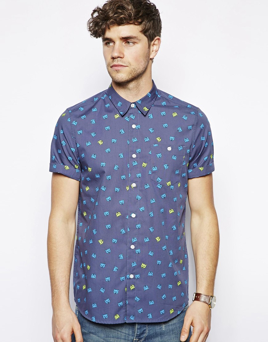 Asos Shirt In Short Sleeve With Cat Face Print In Blue For Men Lyst