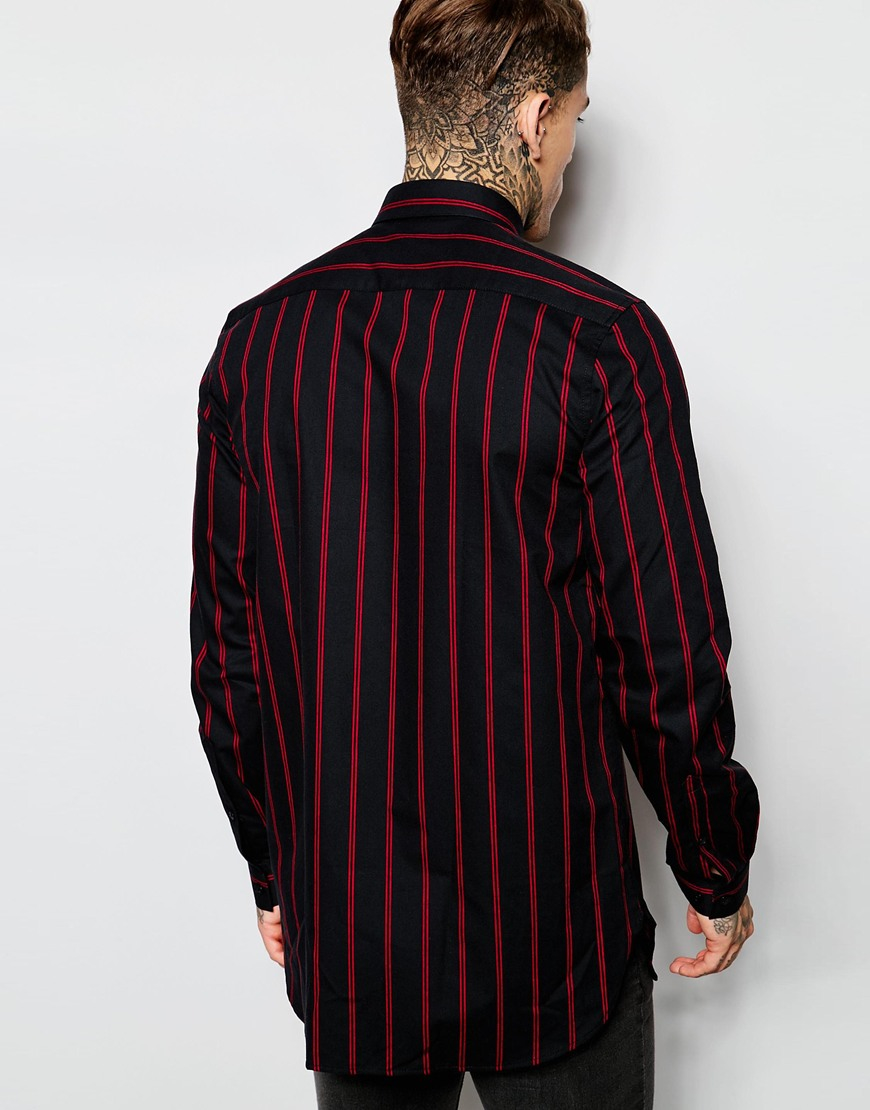 ASOS Shirt In Longline With Black And Red Stripe for Men | Lyst