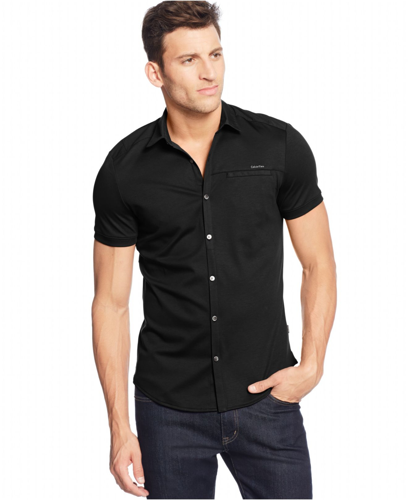 Calvin Klein Short-sleeve Coat-front Shirt in Black for Men - Lyst