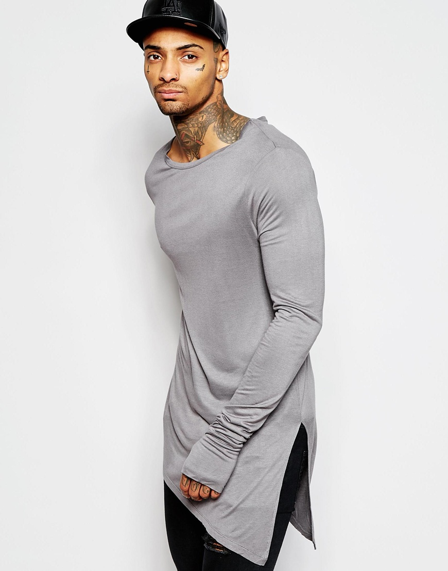 ASOS Bamboo Jersey Super Longline Long Sleeve T-shirt With Asymmetric Hem  in Charcoal (Gray) for Men | Lyst