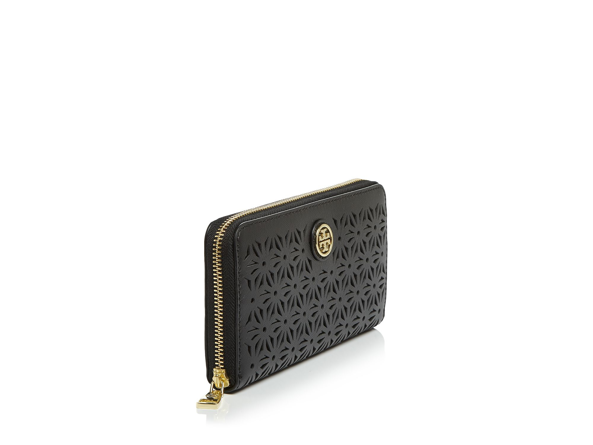 Tory Burch Wallet Robinson Floral Perforated Zip Continental in Black