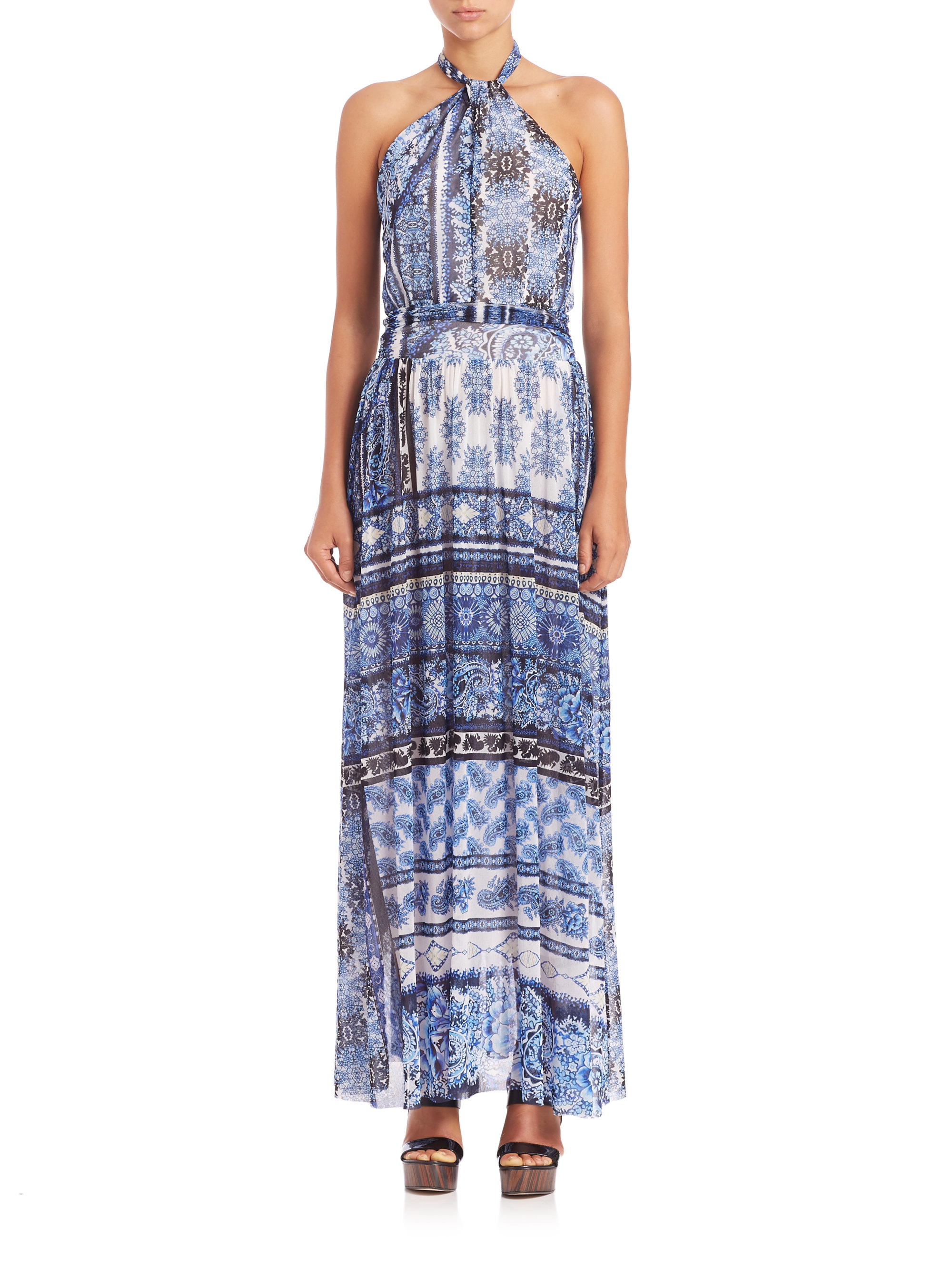 Lyst - Fuzzi Bandana-print Halter Maxi Dress in Blue