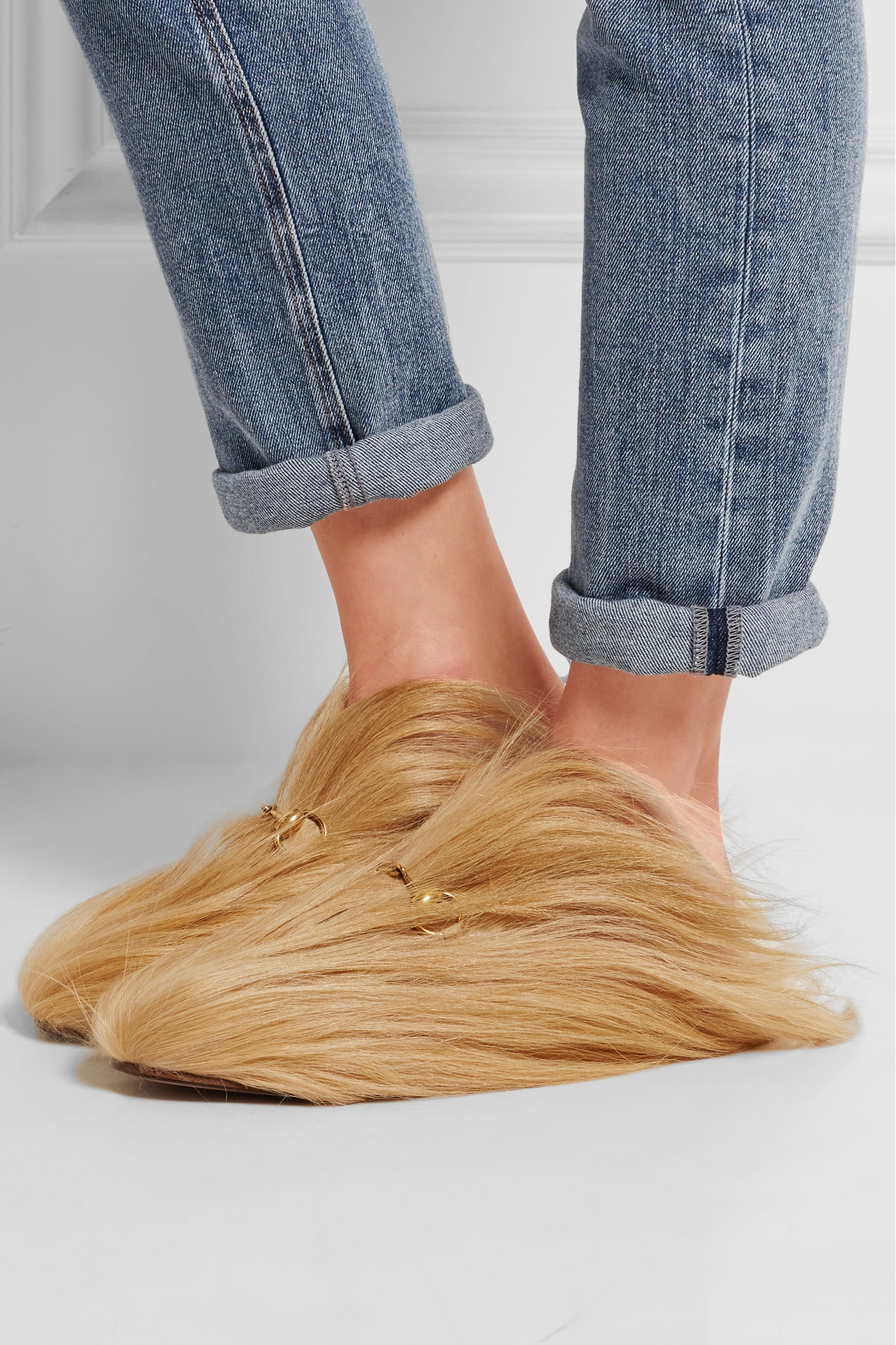 Gucci Denim Horsebit-detailed Goat Hair Slippers in Beige (Natural) | Lyst