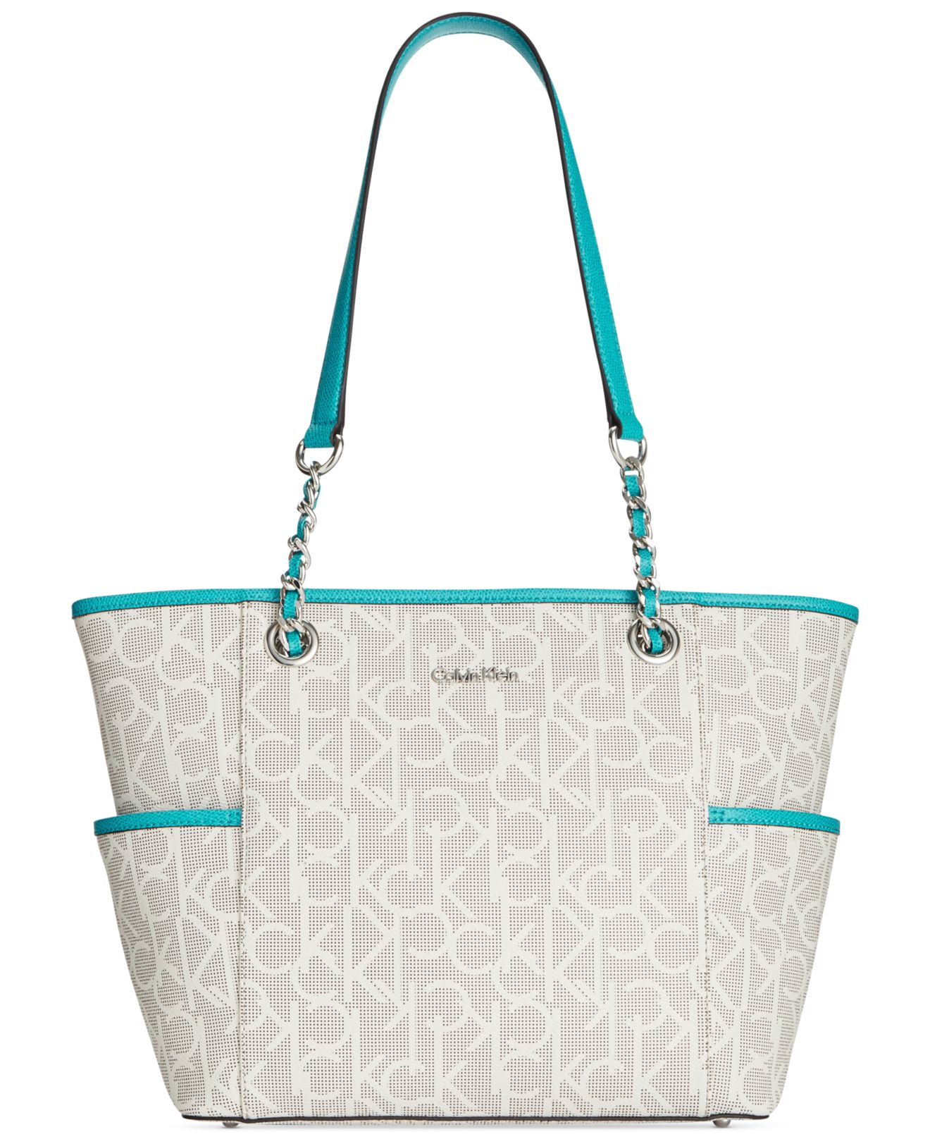 Calvin klein Chain Tote Monogram in White (Dot Almond/Khaki/Surf) Lyst