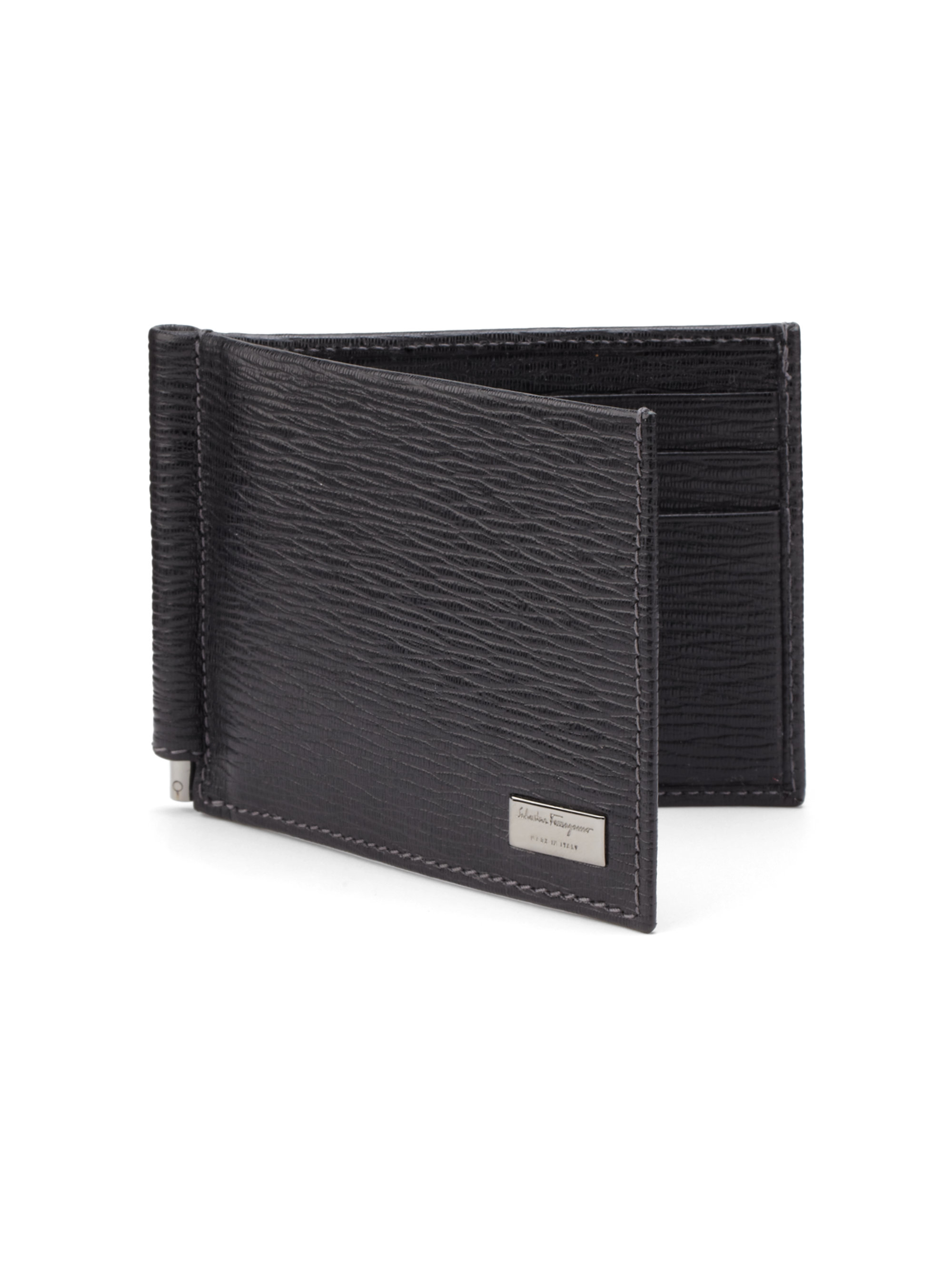Ferragamo Revival Textured Leather Moneyclip Bifold Wallet in Gray for