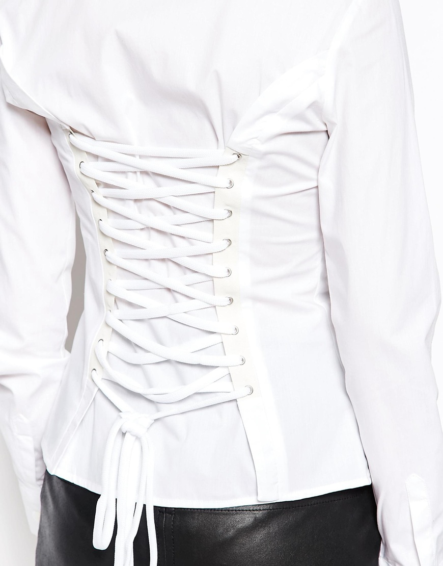 lyst moschino shirt with lace up back in white lyst moschino shirt with lace up back in white