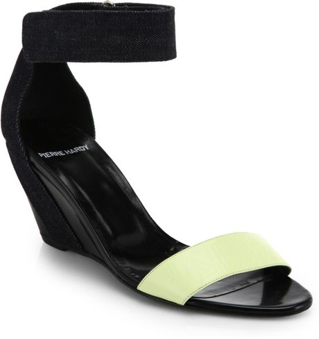 Pierre Hardy Denim  Leather Wedge Sandals in Green (NAVY-LIME) | Lyst