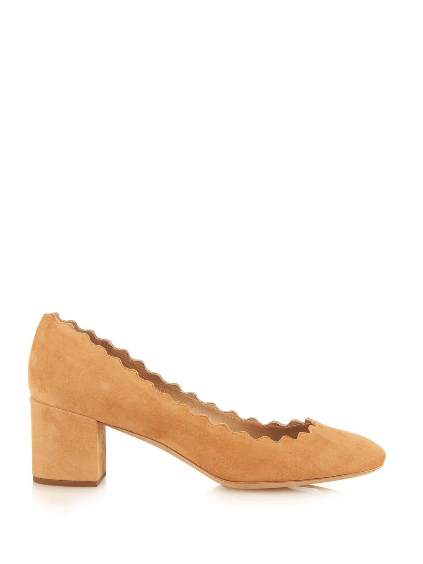 Chloé Lauren Scalloped-edge Block-heel Suede Pumps in Light Tan - Lyst