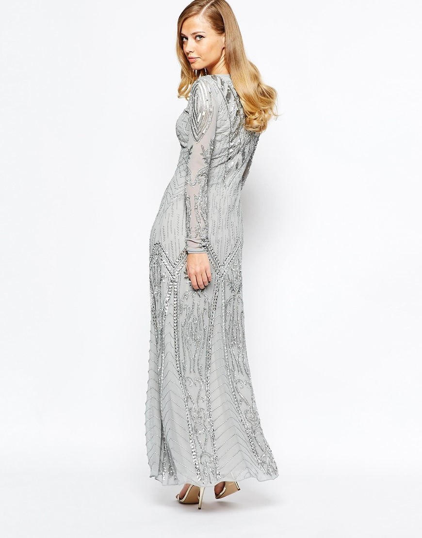 Frock and Frill Long Sleeve All Over Embellished Maxi Dress in Metallic |  Lyst