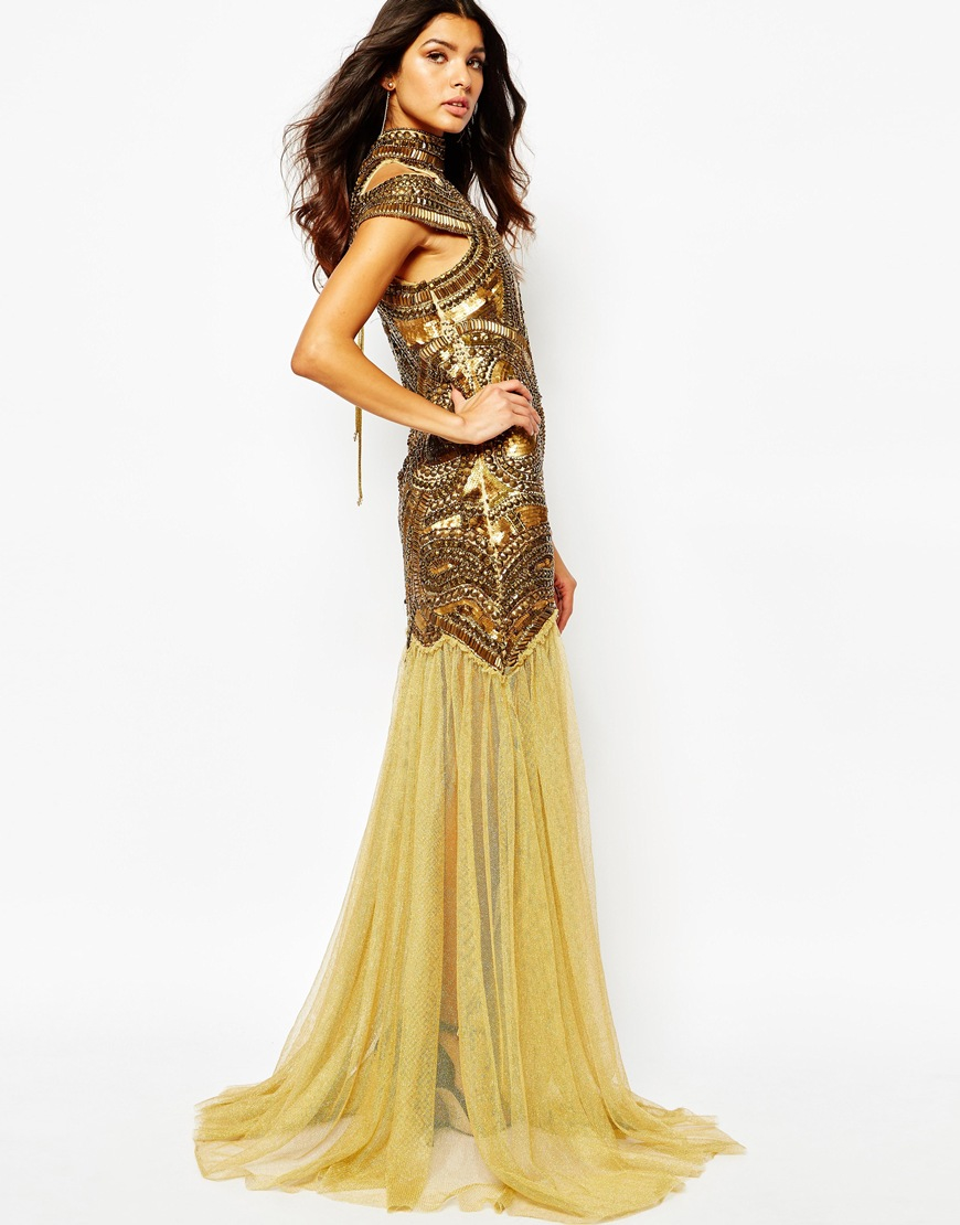 Jewelled Crepe Maxi Dress in Metallic 