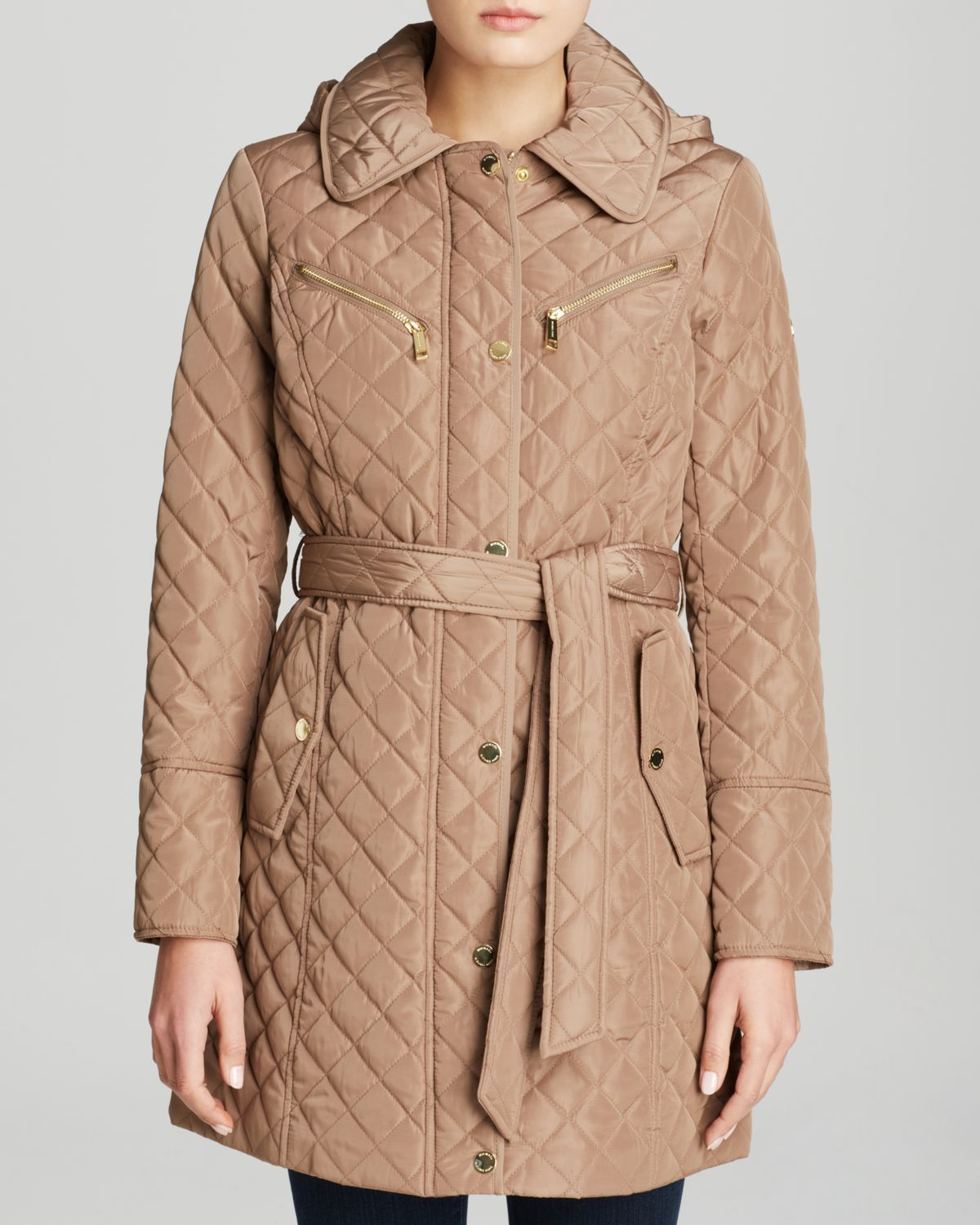 MICHAEL Michael Kors Coat - Missy Quilted Belted Trench in Brown | Lyst