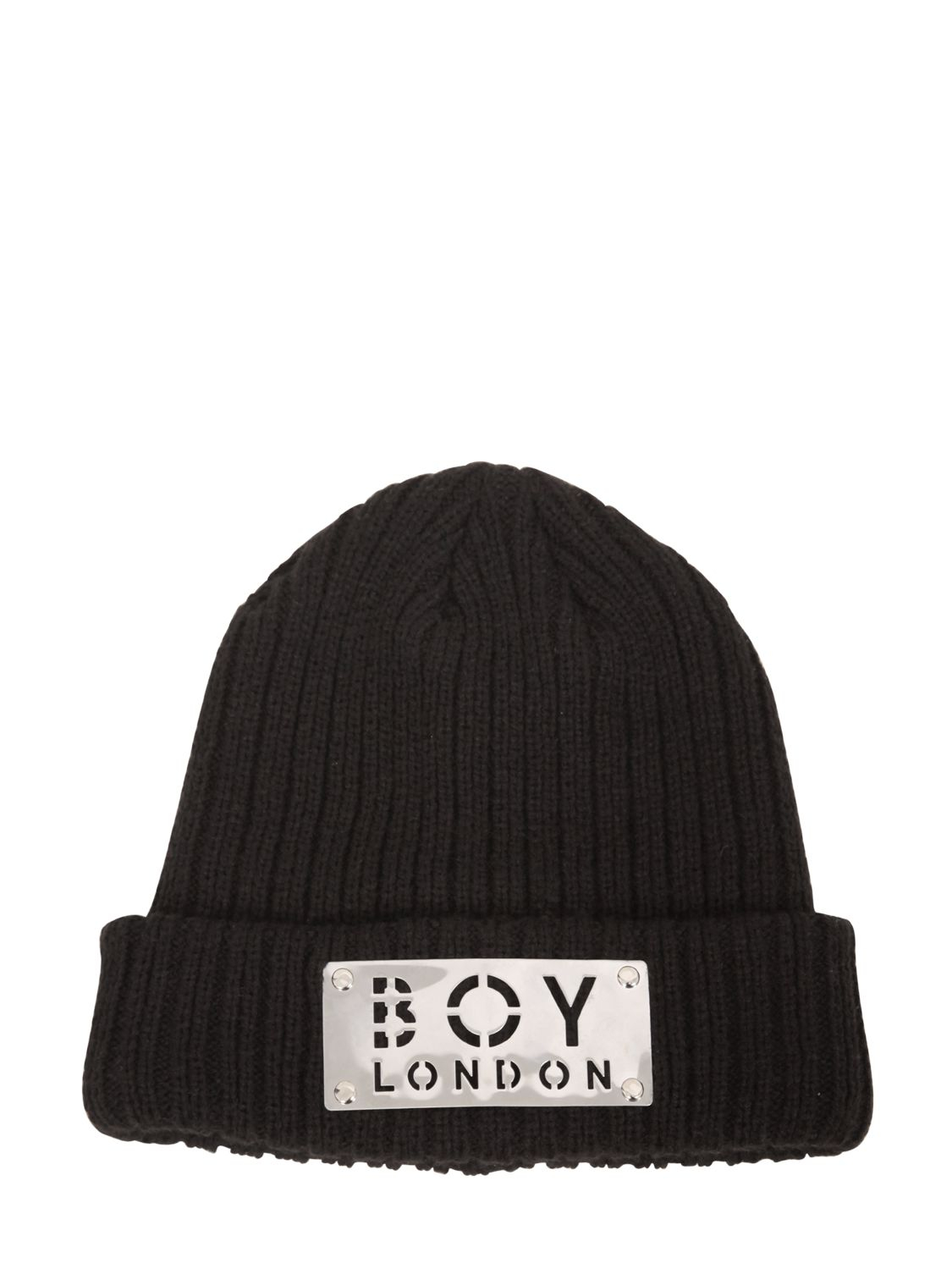 BOY London Boy Plaque Wool Blend Knit Beanie Hat in Black/Silver (Black