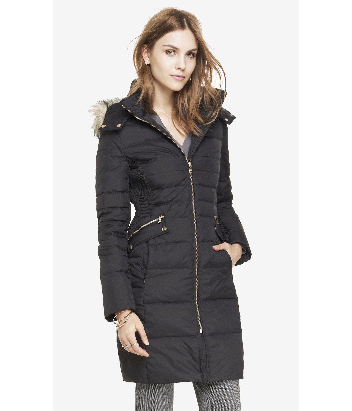 Express Hooded Faux Fur Trim Fitted Puffer Coat in Black | Lyst