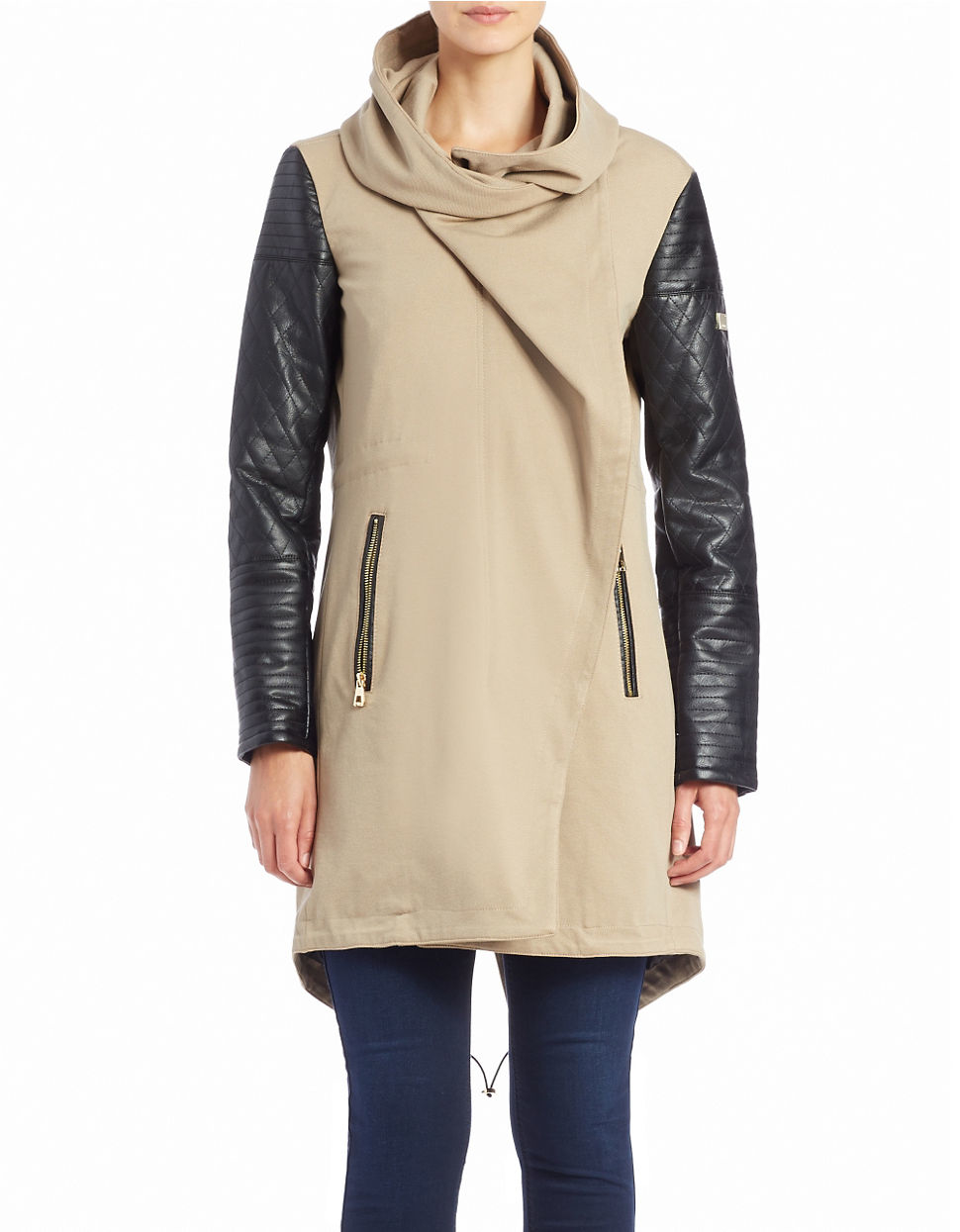 Lyst Vince Camuto Faux Leather Sleeve Asymmetrical Zip Coat In Natural Gallery