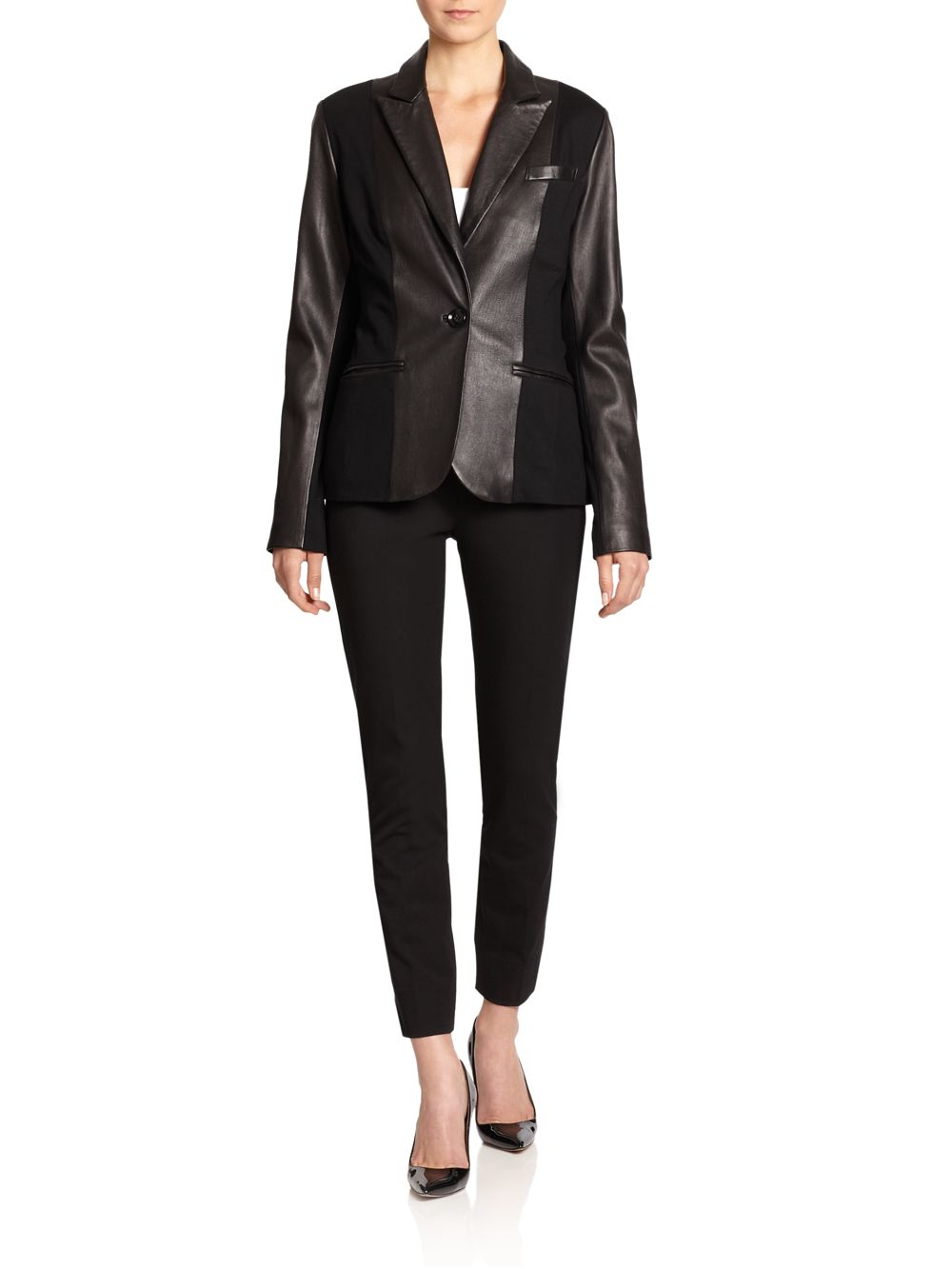 Lyst Saks Fifth Avenue Black Label Leather Ponte Knit Blazer in Black