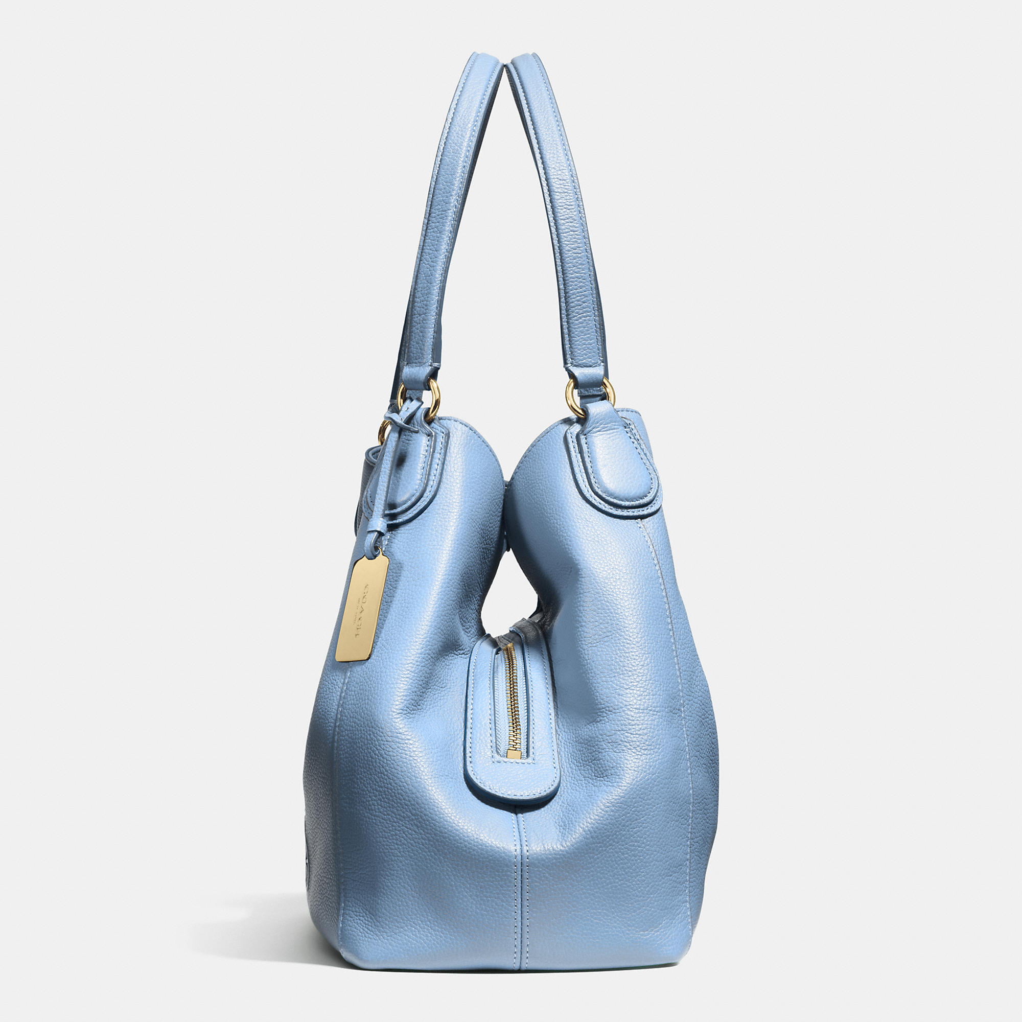 COACH Embossed Horse And Carriage Edie Shoulder Bag In Pebbled Leather in  Light Gold/Pale Blue (Blue) | Lyst