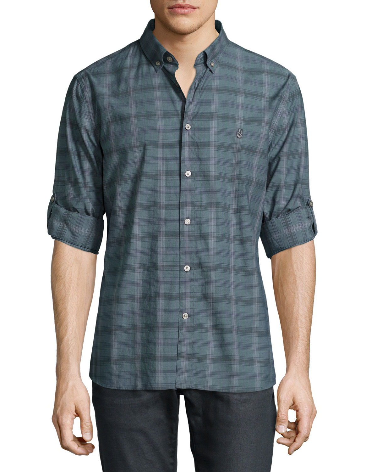 John varvatos Plaid Rolltab Sleeve Shirt in Gray for Men Lyst