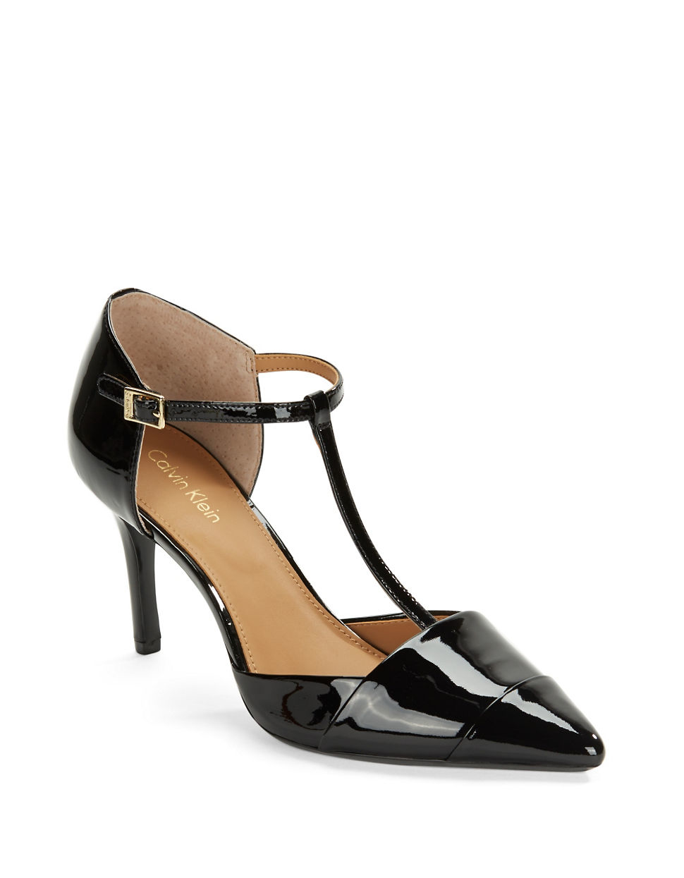 Calvin Klein Ginae Patent Leather T-strap Pumps in Black - Lyst