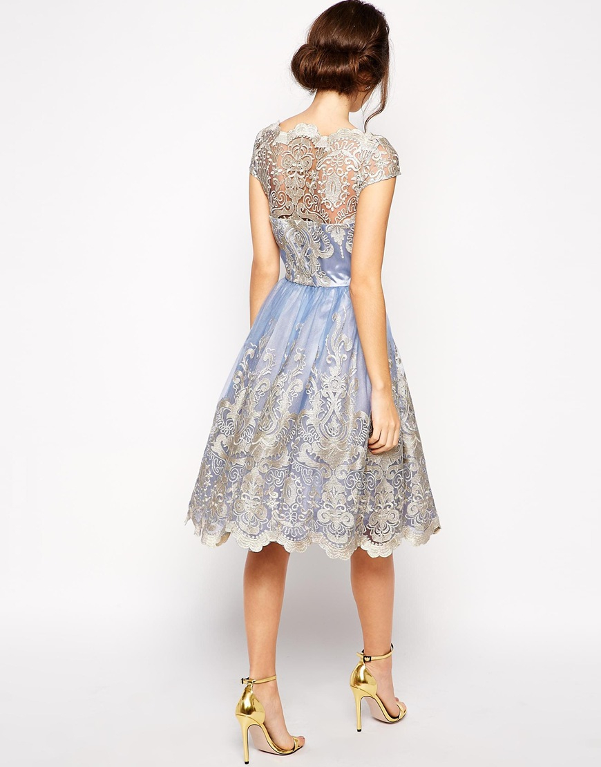 Lyst - Chi Chi London Premium Metallic Lace Prom Dress With Bardot Neck ...