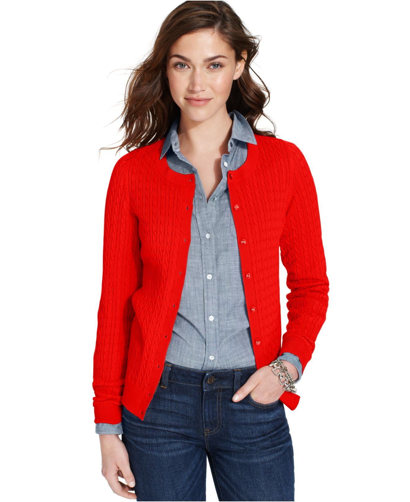 Lyst - Tommy Hilfiger Long-Sleeve Cable-Knit Cardigan in Red