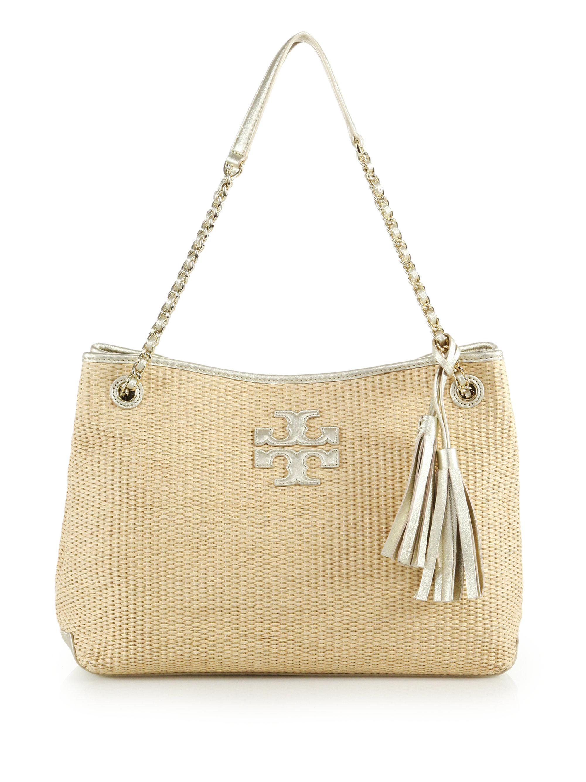Tory burch Thea Woven Straw & Metallic Leather Tote in Natural Lyst