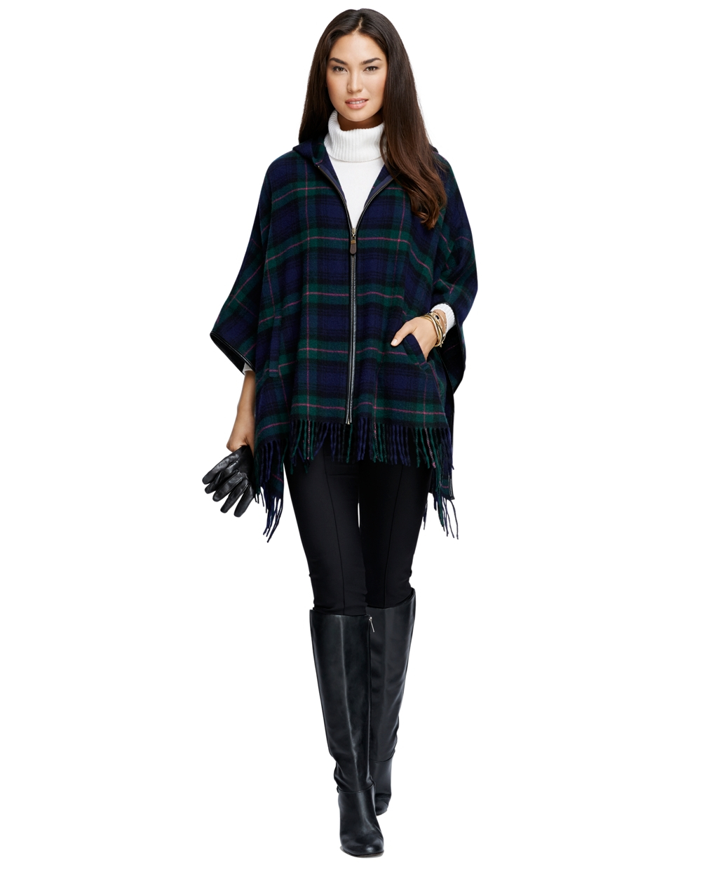 Brooks Brothers Wool Black Watch Plaid Zip-Front Poncho in Navy (Blue ...
