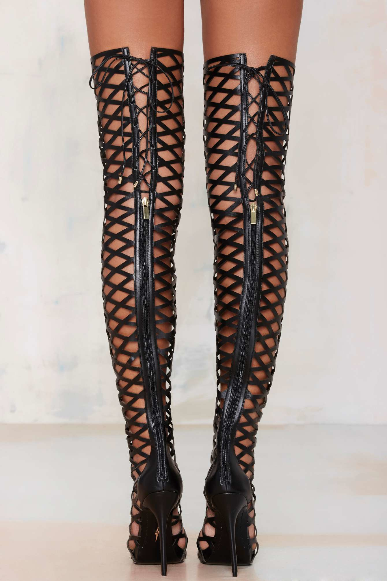 caged boots thigh high