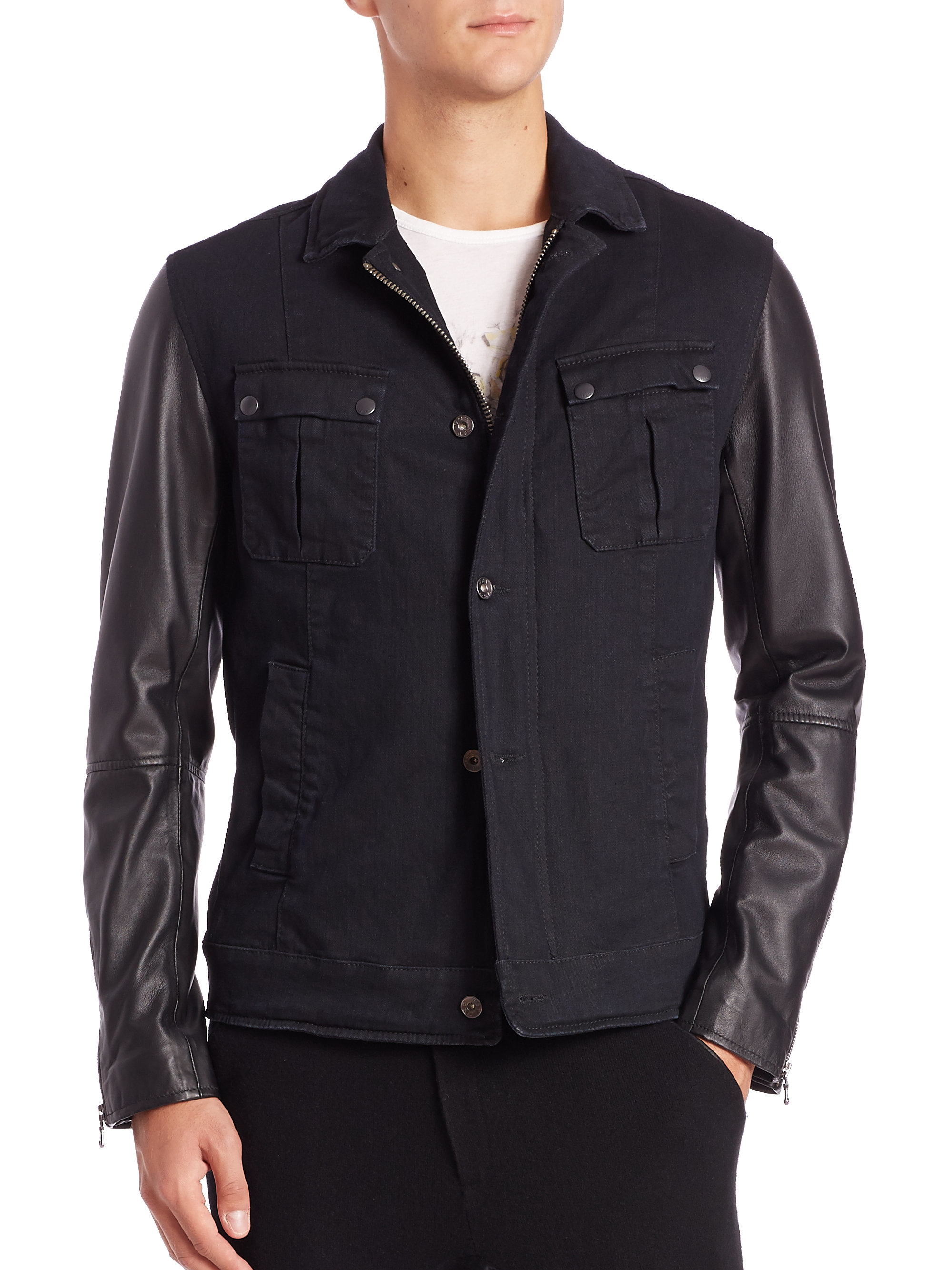 John Varvatos Star Usa Military Trucker Leathersleeve Jacket in Dark