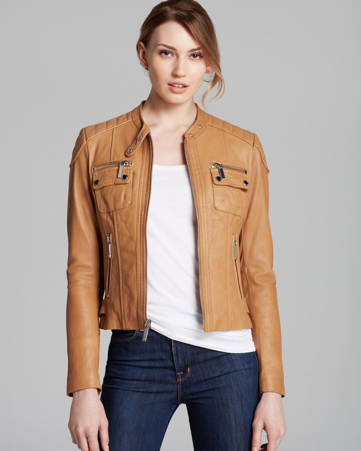 michael kors brown leather jacket womens