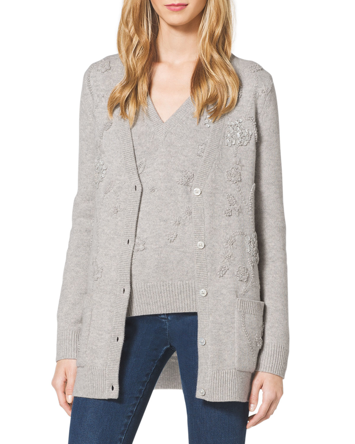 Michael Kors Embellished Cashmere Knit Cardigan in Gray - Lyst