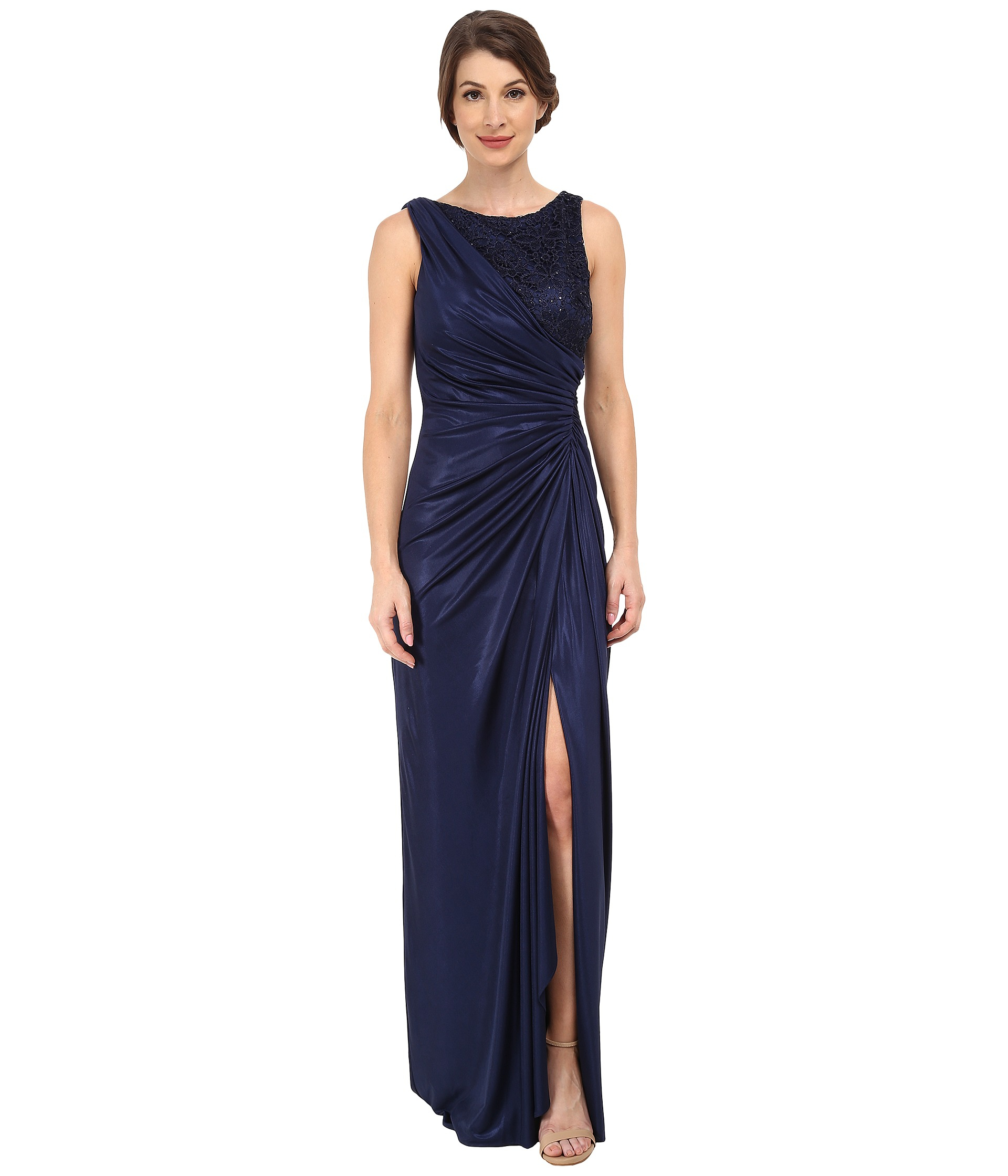 Adrianna Papell Lace Jersey Gown In Navy Blue Lyst