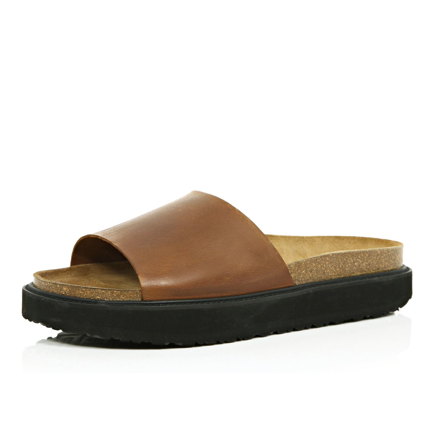River Island Brown Leather Chunky Slide Sandals for Men | Lyst
