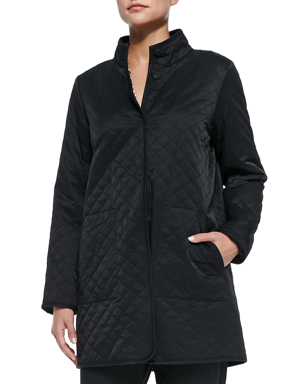 Lyst - Eileen Fisher Quilted Long Jacket W/ Fleece Lining in Black