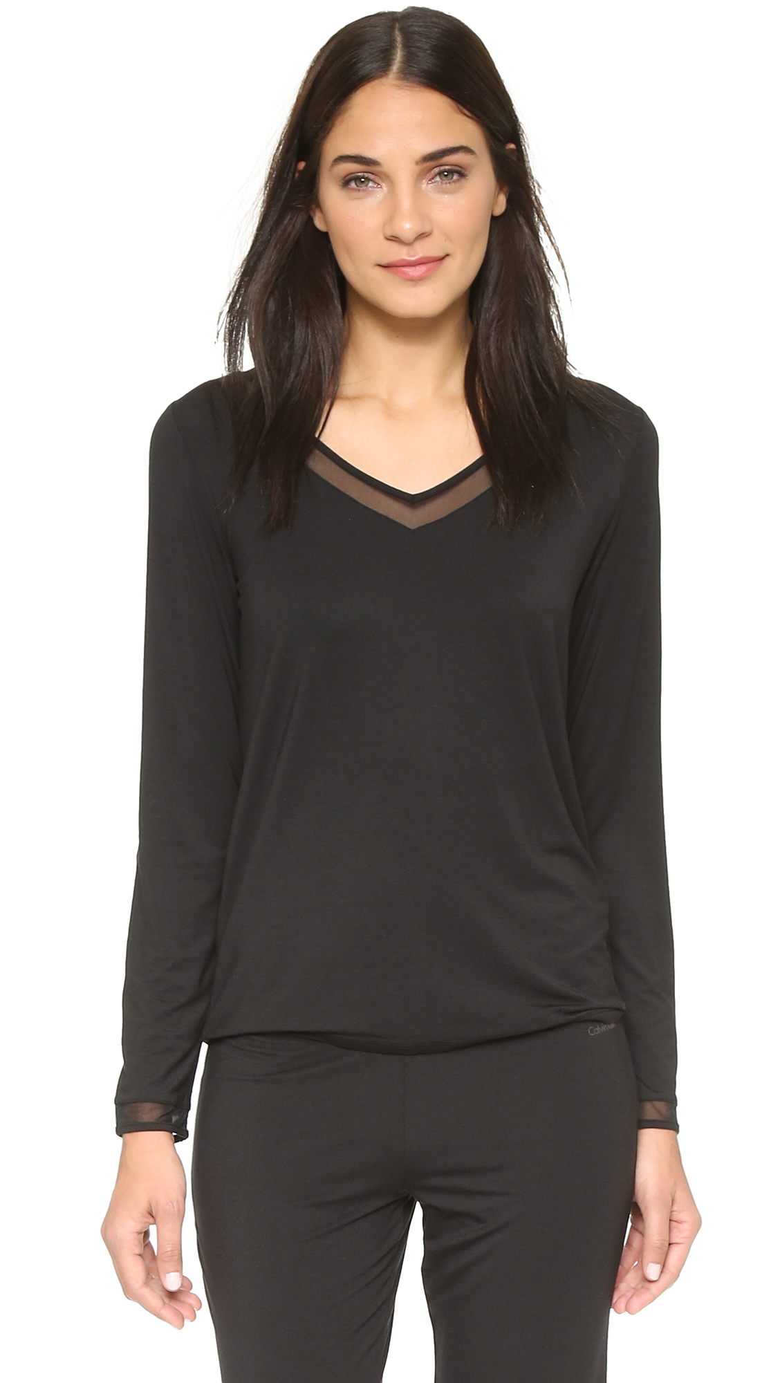 Calvin klein Ethereal Tailored Long Sleeve Pajama Top in Black | Lyst