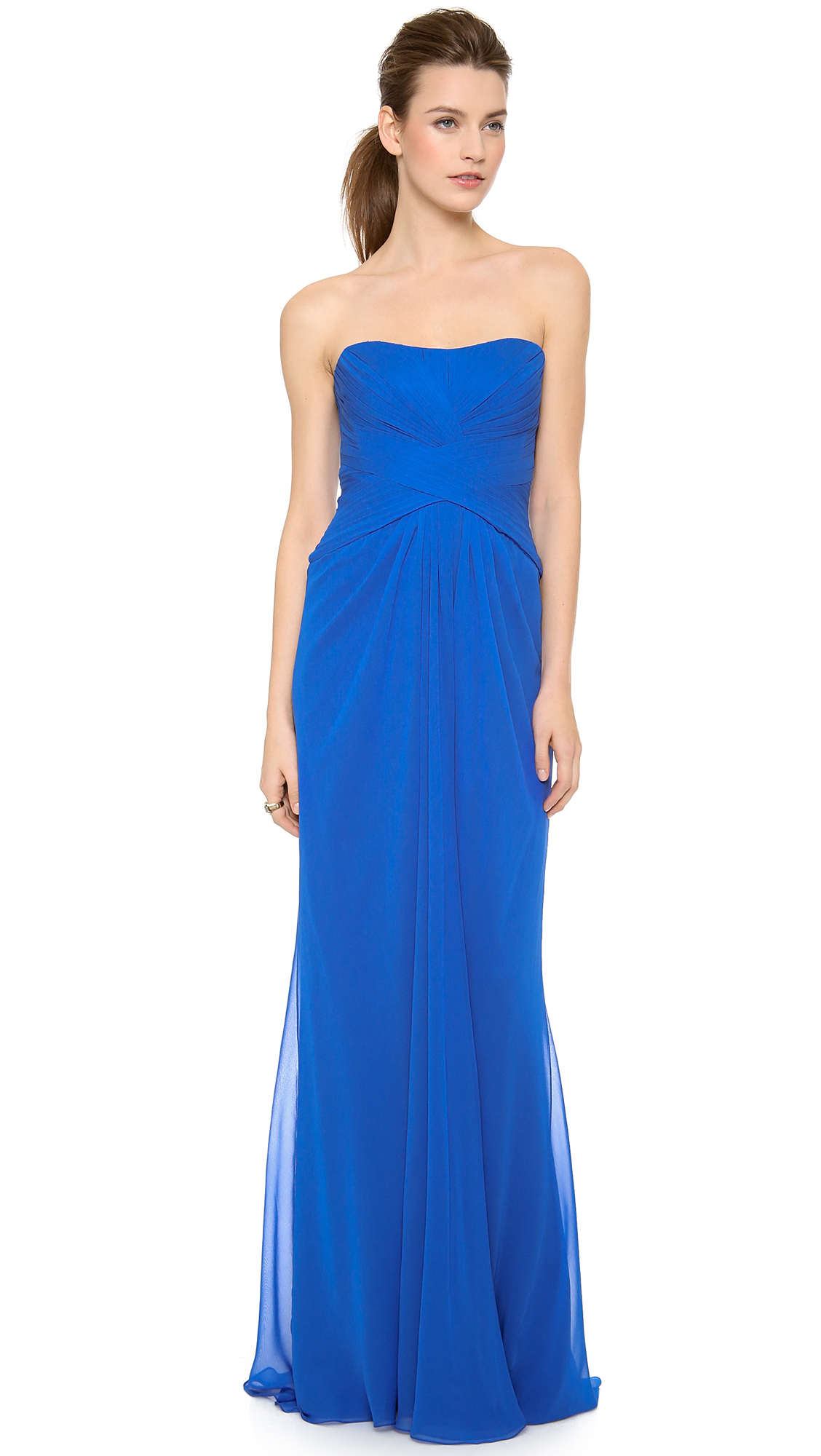 Monique lhuillier Strapless Draped Gown With Front Slit - Cobalt in Blue | Lyst