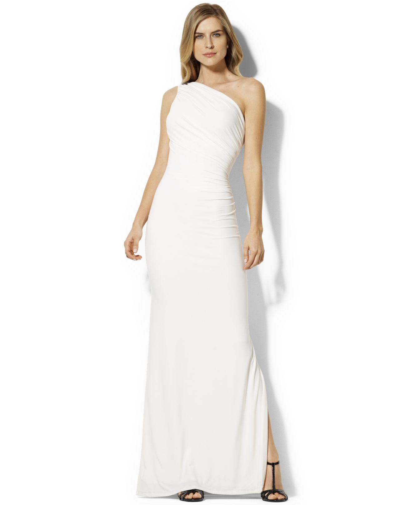 Lauren by Ralph Lauren One-Shoulder Brooch Gown in White | Lyst
