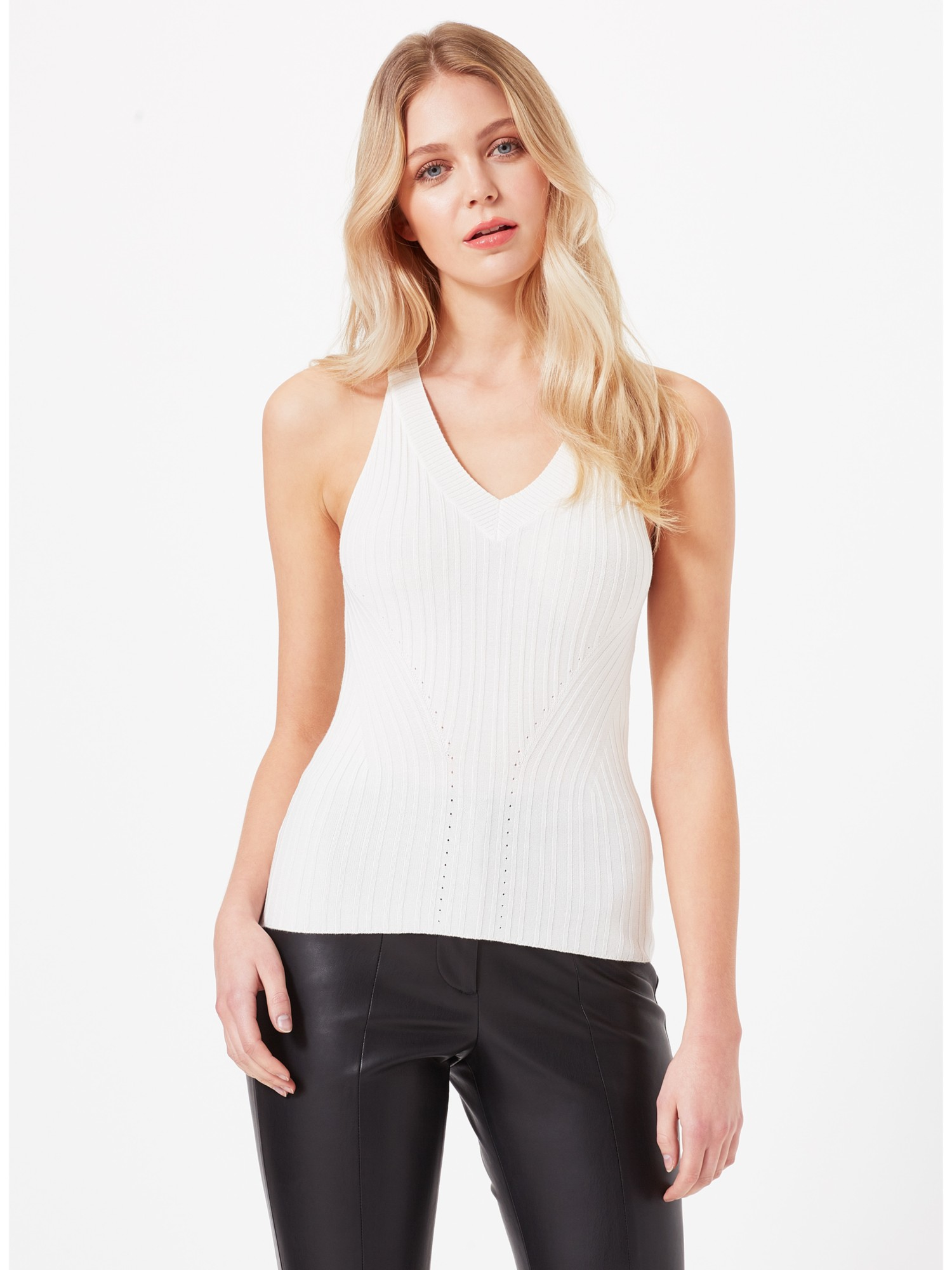 Shop by category This sleek ponte top has a cutout V and mock neck that create a sexy choker. It also has long sleeves and an exposed back zip closure. Polished with midi skirts and pumps, but add faux leather leggings for a hot clubbing look/5(55).