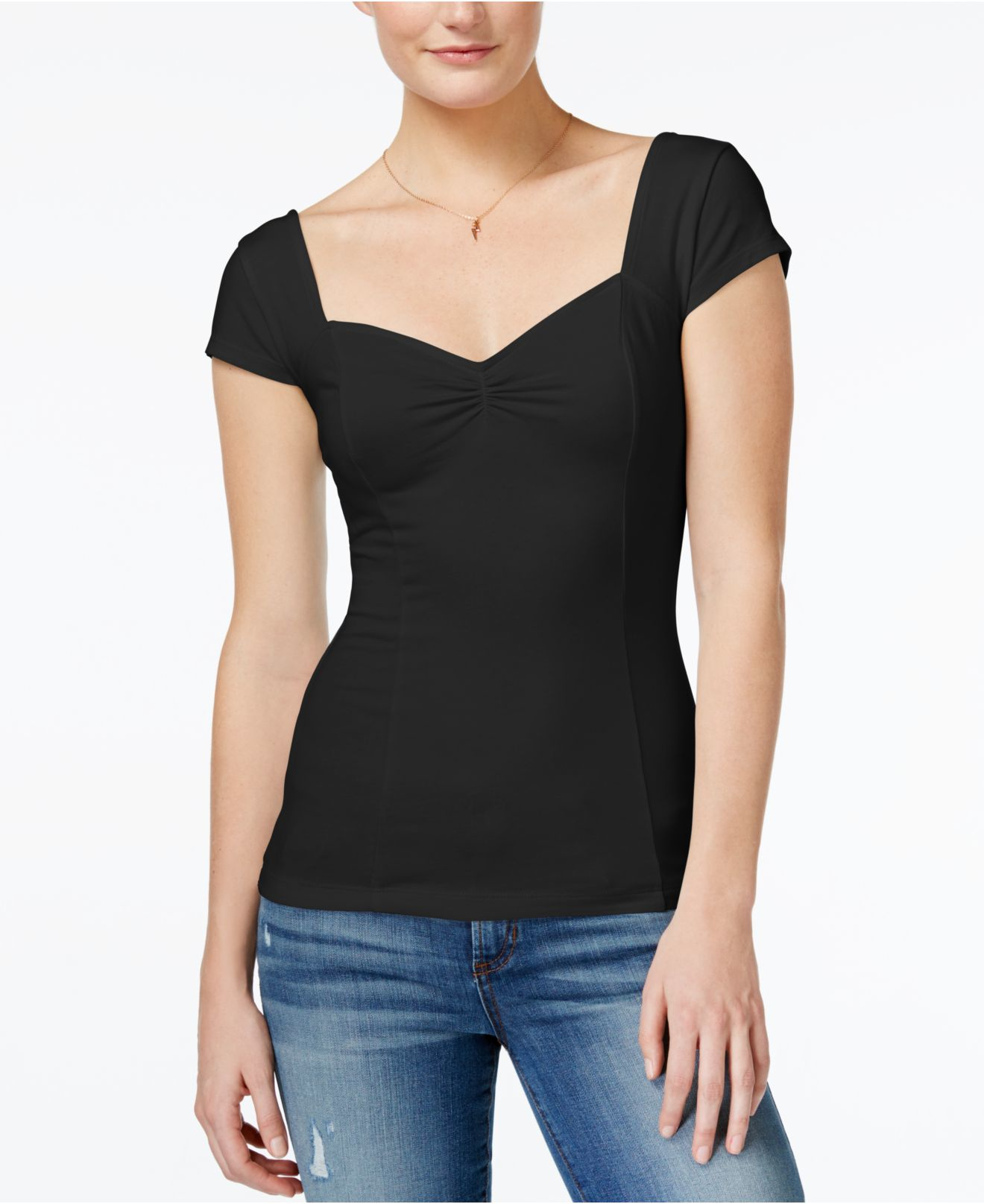 Guess Baylee Cap-sleeve Sweetheart-neck Top in Black | Lyst