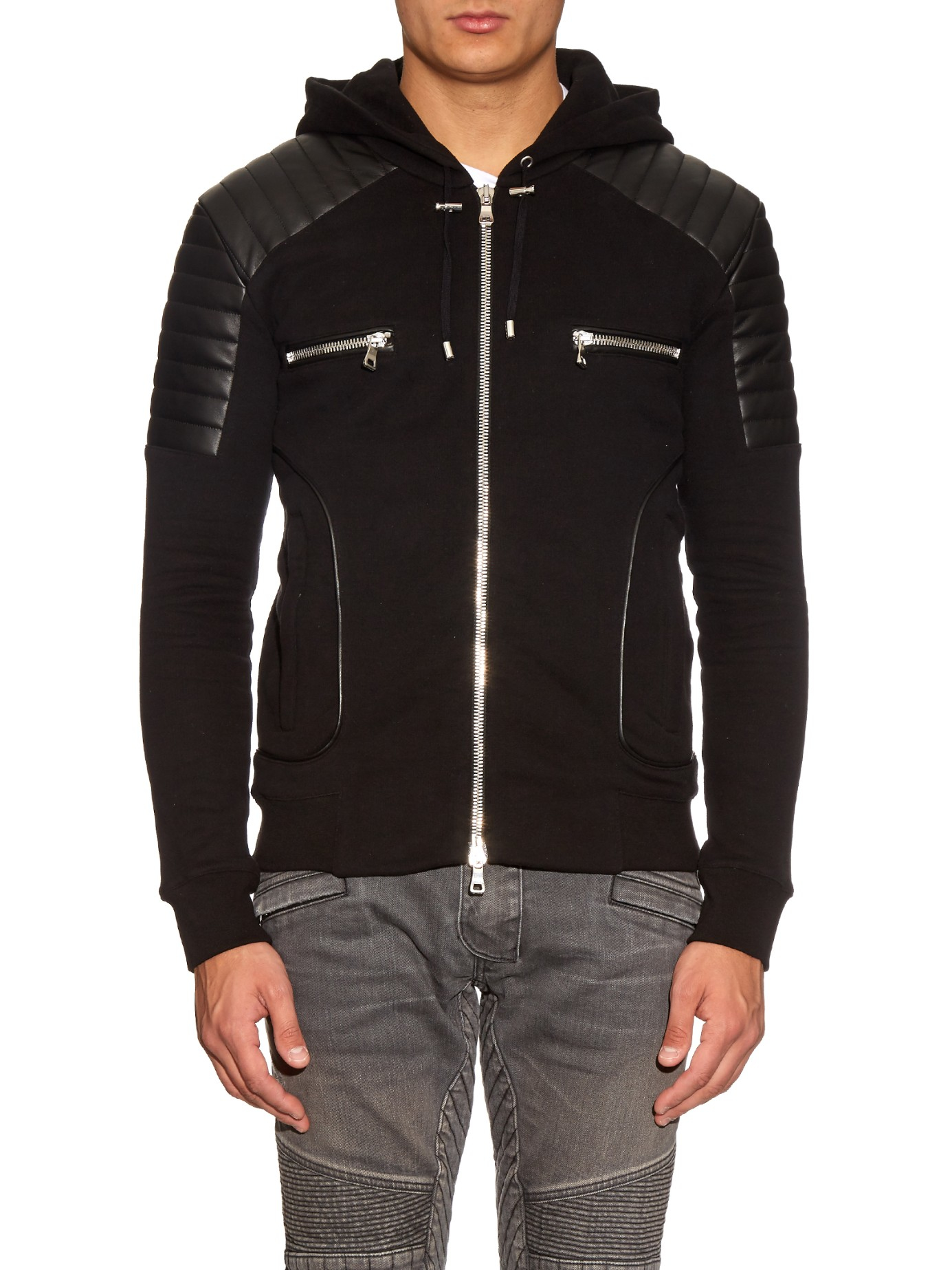 Lyst - Balmain Biker Zip-up Hooded Sweatshirt in Black for Men