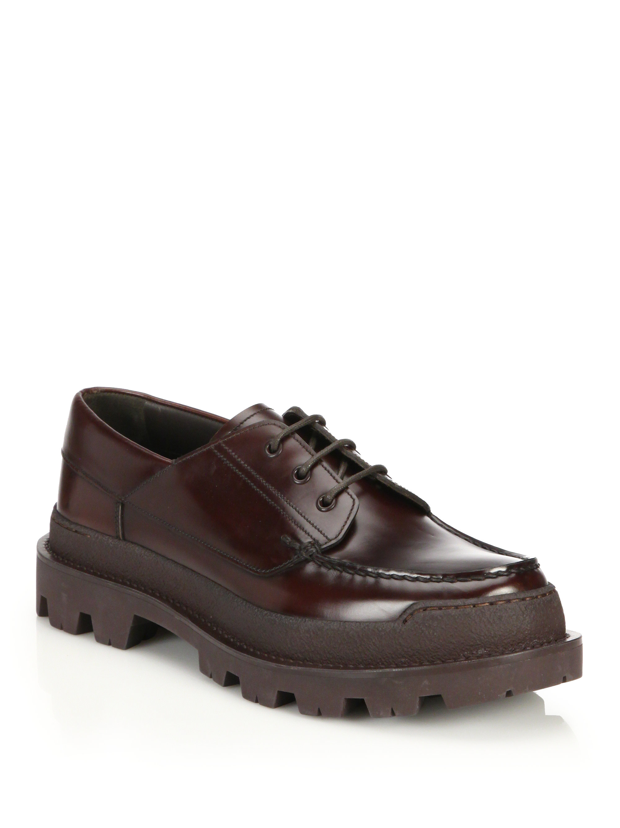 Prada Rois Lug Sole Spazzolato Leather Derby Shoes in Brown for Men | Lyst