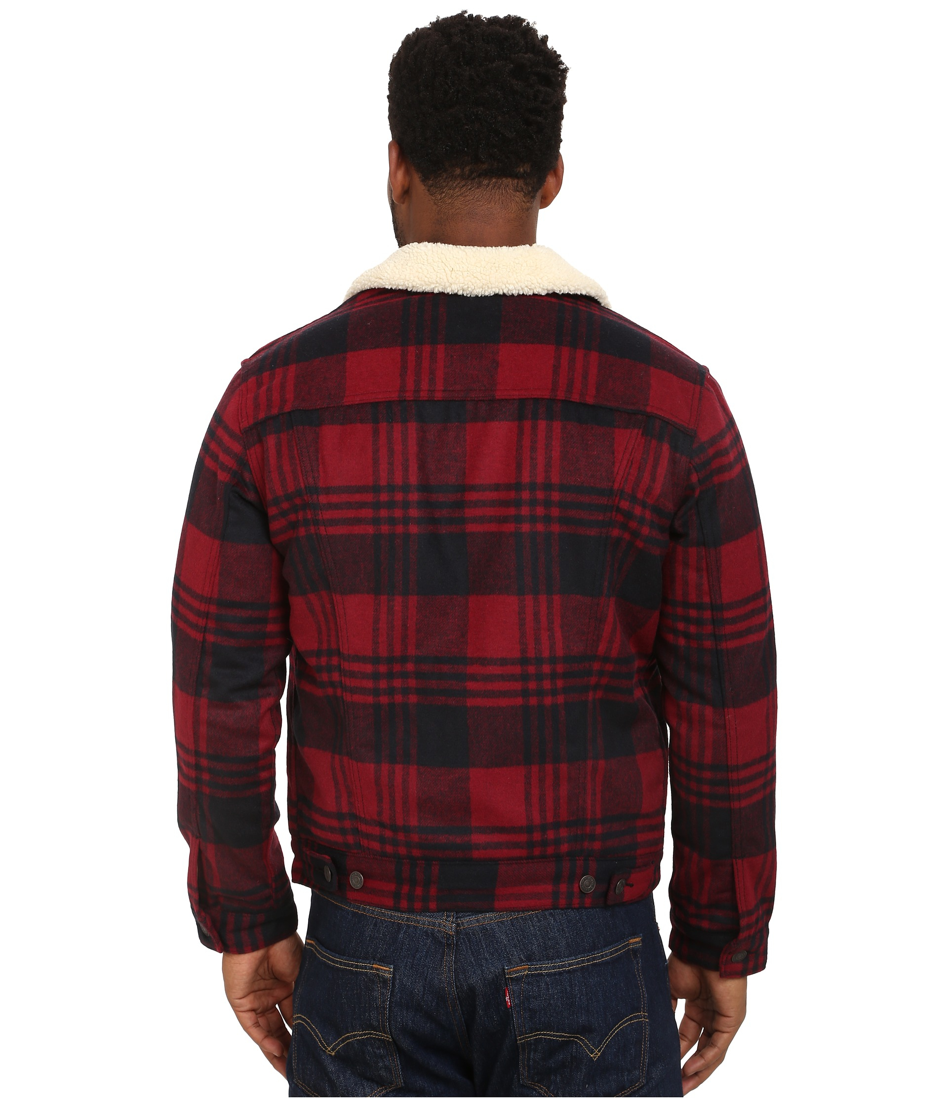 levi's men's sherpa trucker jacket red tibetan plaid