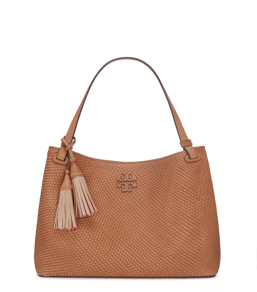 Tory Burch Thea Woven-leather Center-zip Tote in Brown | Lyst