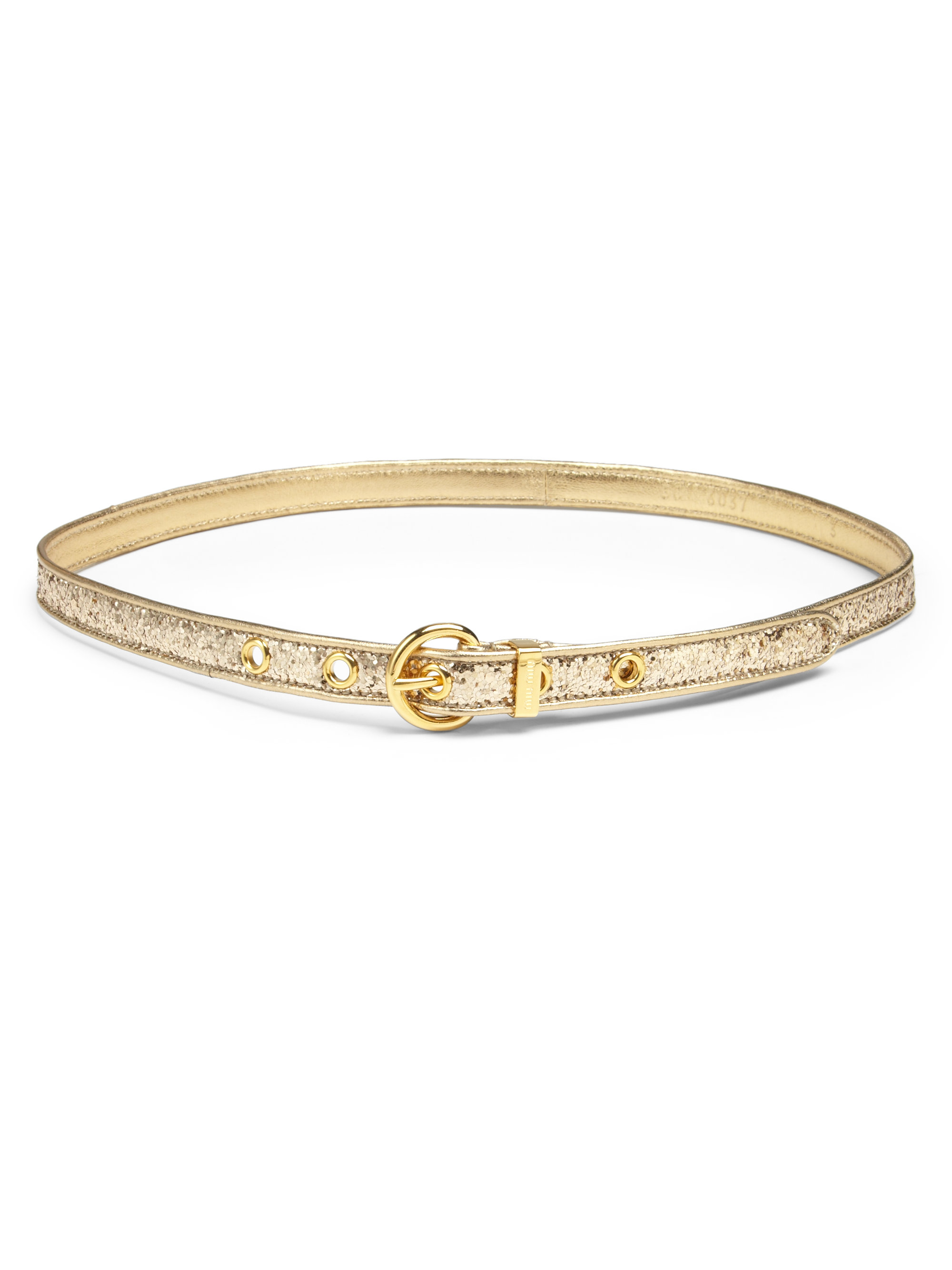 Miu miu GlitterCoated Metallic Leather Skinny Belt/Goldtone in Gold Lyst