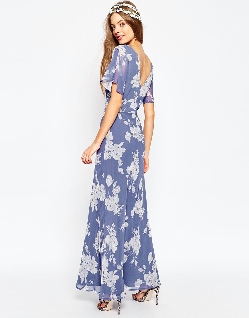 Lyst Asos Wedding Soft Rose Print Maxi Dress Multi In Blue Gallery