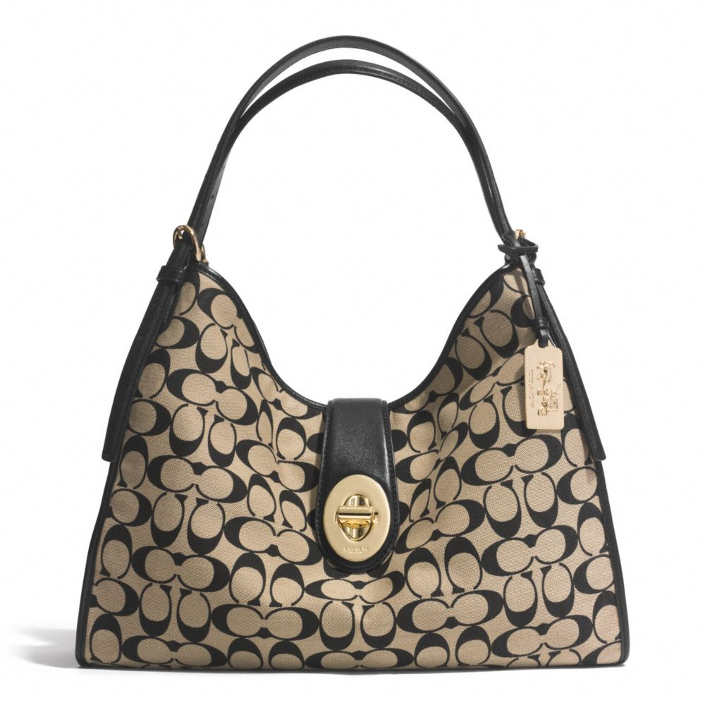 COACH Madison Carlyle Shoulder Bag In Printed Signature Fabric in Light Gold/Light Khaki/Black ...